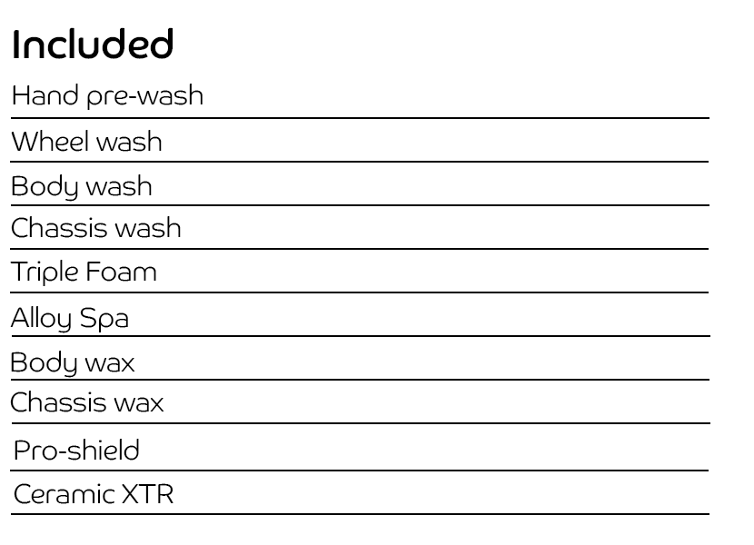 includes a hand pre-wash, body, wheel and chassis wash, Triple Foam shampoo, alloy spa, body wax, tyre dressing, chassis wax and Pro Shield